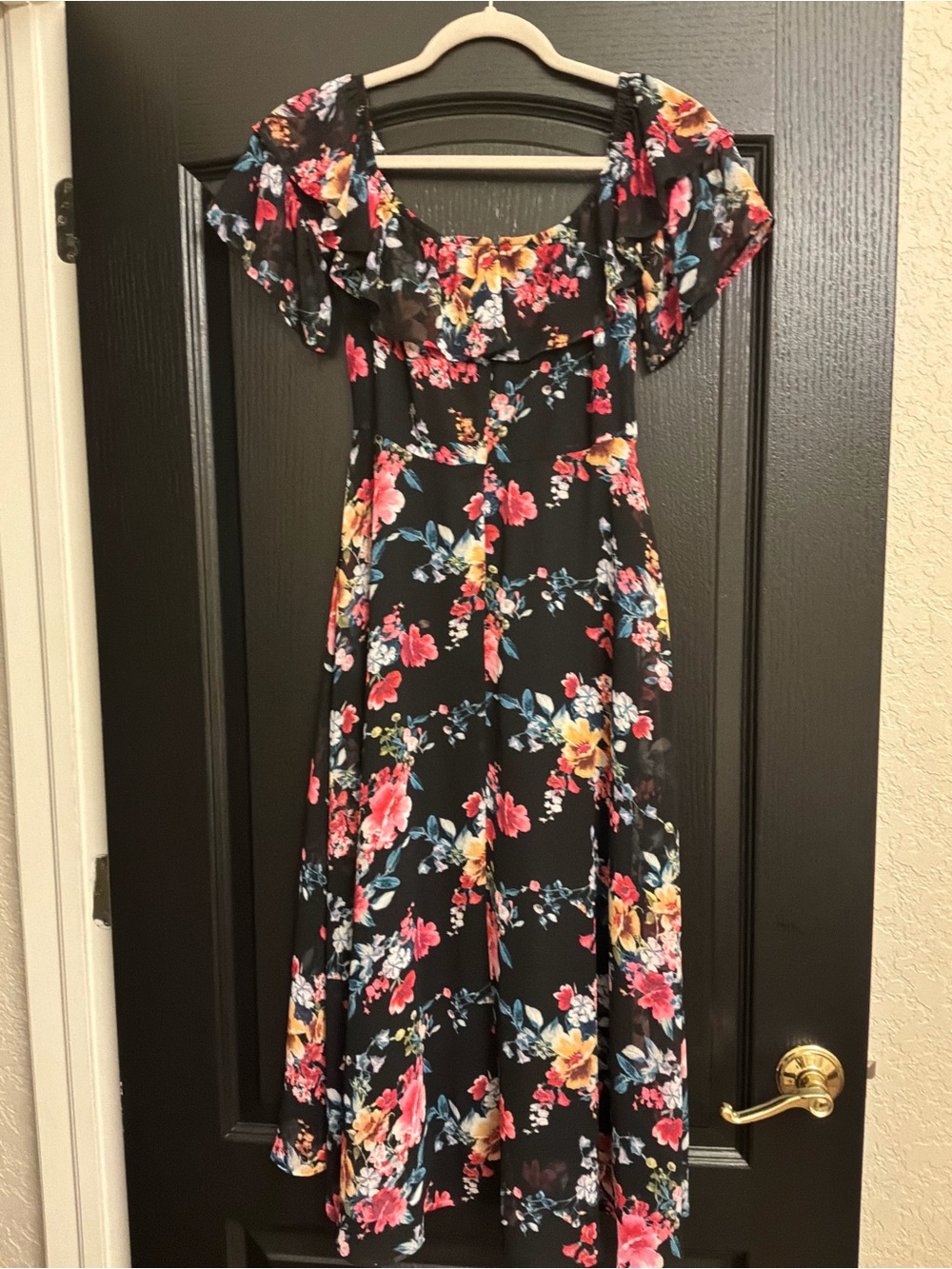 Express Black Floral Ruffle Midi Dress with Pink, Yellow & Blue Blooms